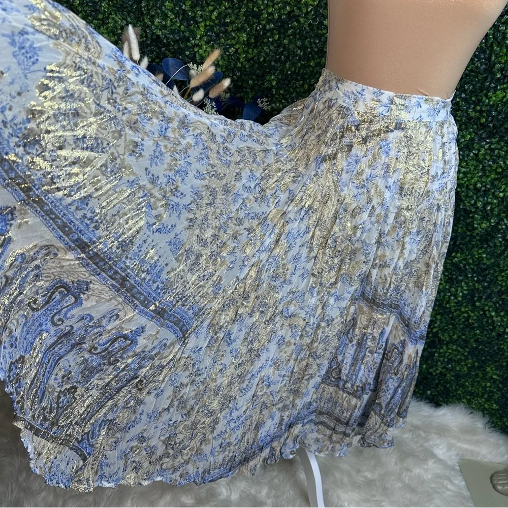 Soft Surroundings silk blend blue paisley metalic gold Pleated‎ Midi Skirt NWOT
